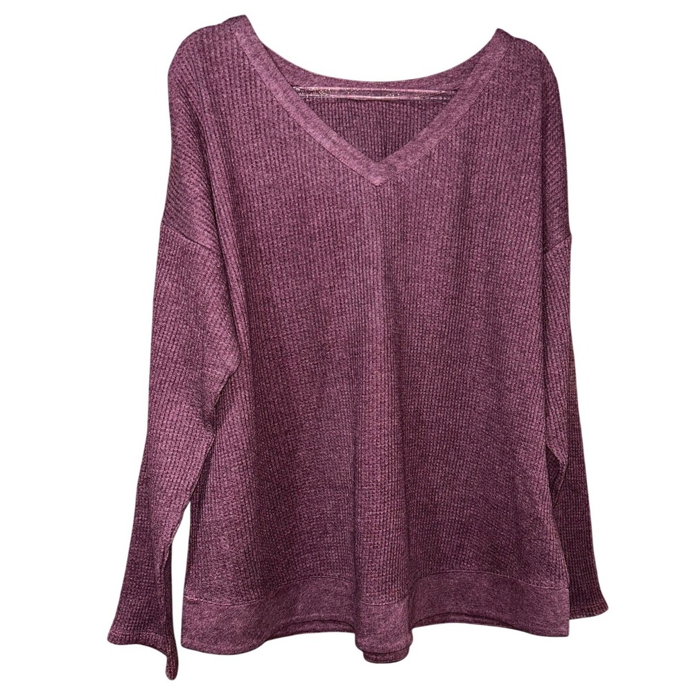 J.Jill Plum Purple Waffle Knit V-Neck Curved Hem Long Sleeve‎ Top Small